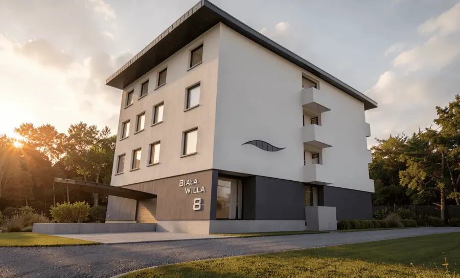 Wizualizacja 3D: Projekt budynku wielorodzinnego przy ul. Skrajnej. Robocza nazwa Willa Biała pochodzi od dzielnicy, w której powstała - Prądnik Biały. Budynek posiada niewielki podziemny parking. Wyzwaniem projektu było zacienianie sąsiedniej kamienicy, z tego wynika dedykowany kształt dachu na elewacji wschodniej. — zdjęcie 7